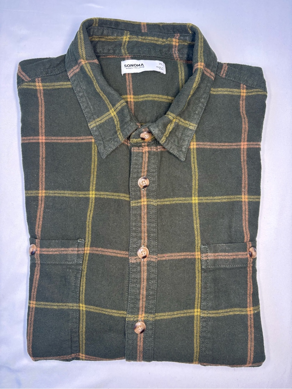 Sonoma Men's Olive Green Plaid Button-Up Flannel Shirt